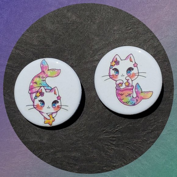 arimay.com Jewelry - Cute Cat Mermaid Pin Back Button Set!